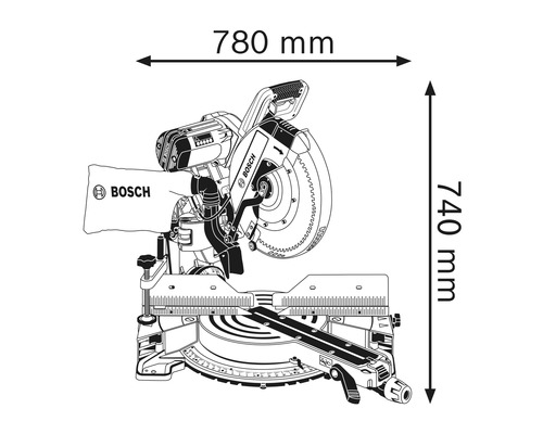 Obrázek pokosové pily o rozměrech 780 mm šířky a 740 mm výšky.