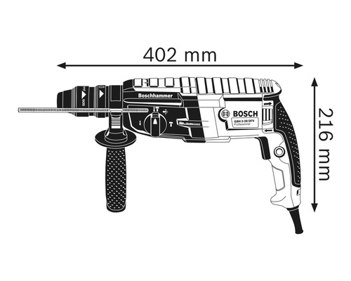 Vrtací kladivo Bosch o rozměrech 402 mm délka a 216 mm výška