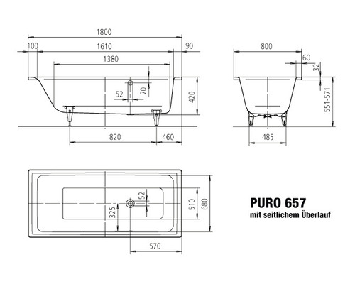 Technický nákres vany s bočním přepadem a rozměry