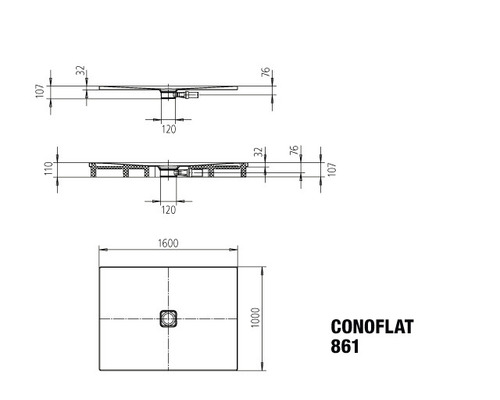 Technický nákres sprchové vaničky Conoflat s rozměry