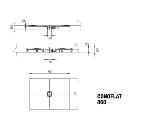 Technický nákres sprchové vaničky Conoflat 1600 x 900 mm