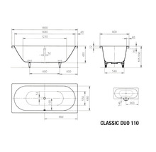 Technický nákres vany Classic Duo 110 s rozměry