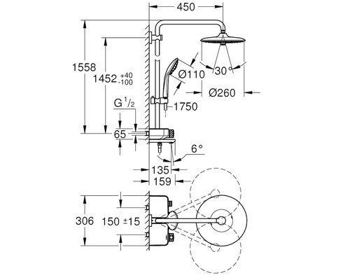 Technický výkres sprchové soupravy s rozměry
