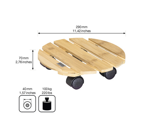 Podstavec na kolečkách z bambusu o rozměrech 290 x 70 mm a nosnosti 100 kg