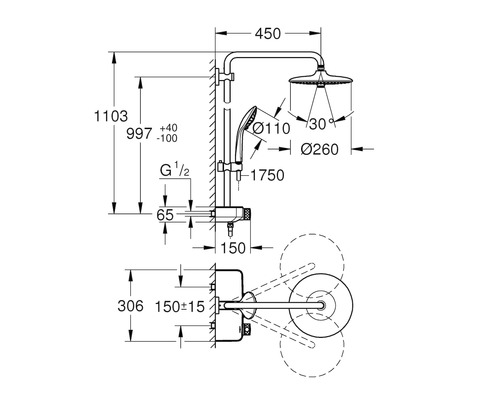 Rozměrový nákres sprchového systému s hlavovou a ruční sprchou