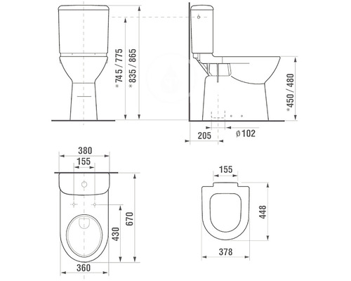 Technický nákres stojícího WC s rozměry
