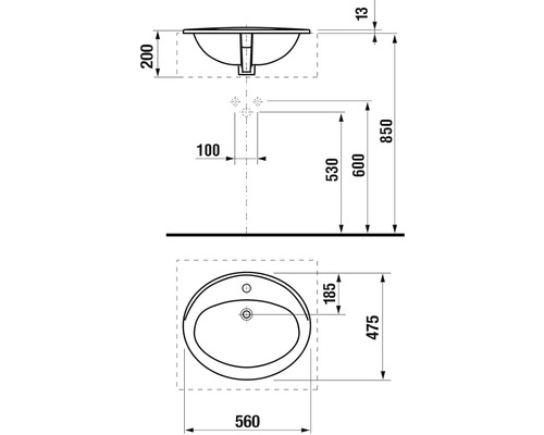 Technický nákres umyvadla s rozměry