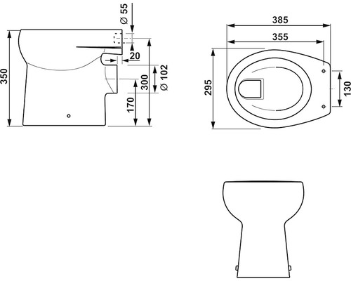 Technický výkres stojícího WC s rozměry