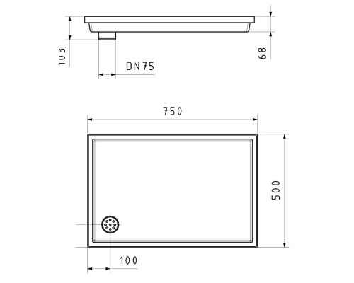 Technický nákres sprchové vaničky o rozměrech 750 x 500 milimetrů a průměru odtoku DN75.