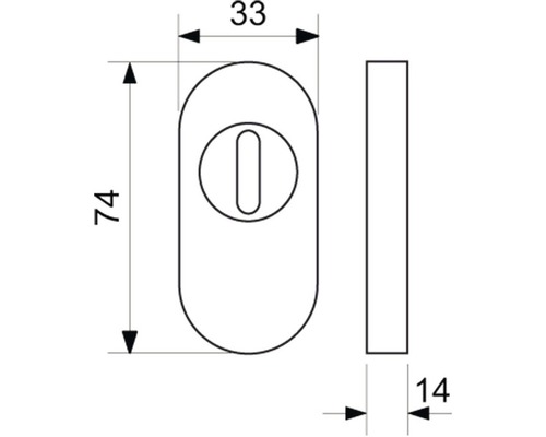 Technický nákres otočného knoflíku o rozměrech 74 x 33 x 14 mm.