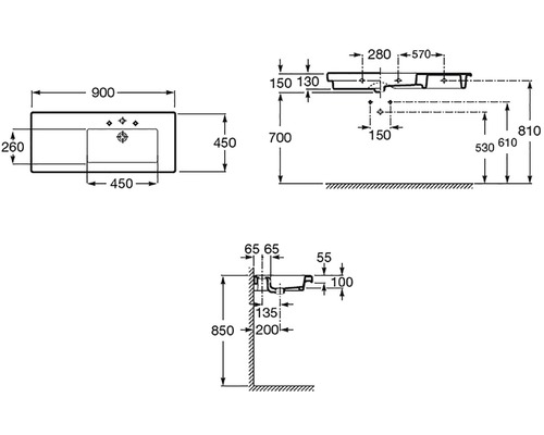 Technický nákres umyvadla s rozměry