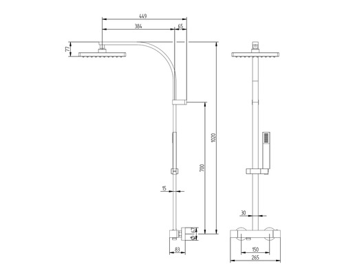 Technický výkres sprchové armatury s rozměry