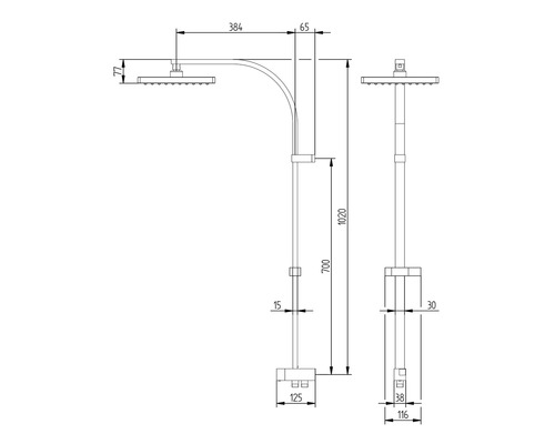 Technický nákres sprchového sloupu s rozměry
