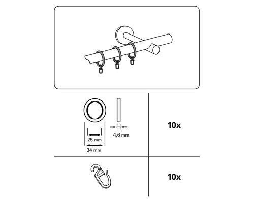 Kroužky na záclonové tyče s klipem, 10 kusů