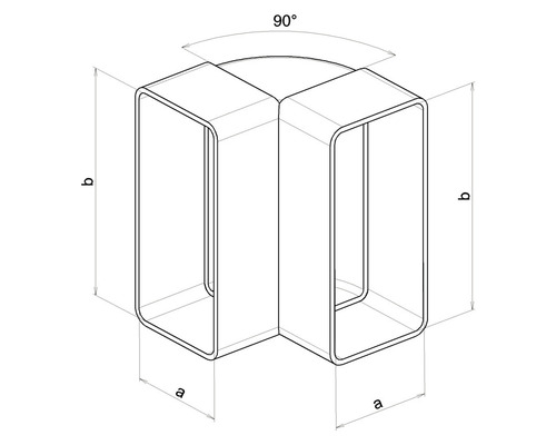 Technický nákres 90stupňového rohu pro obdélníkovou trubku s kótováním