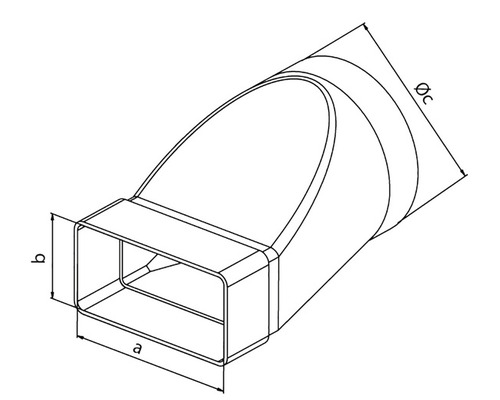 Technický výkres přechodového kusu z obdélníkového na kruhový pro ventilační systémy s rozměry