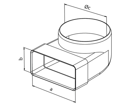 Technický nákres obdélníkového až kruhového kanálového přechodu s rozměry
