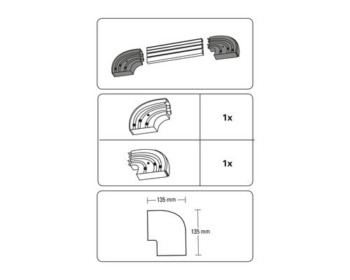 Návod k instalaci rohového dílu o rozměrech 135 mm x 135 mm