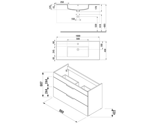 Technický výkres skříňky pod umyvadlo s rozměry