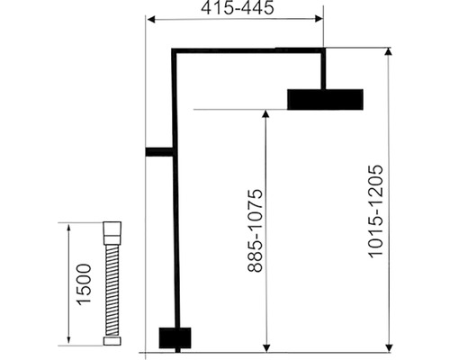 Technický nákres sprchové armatury s rozměry