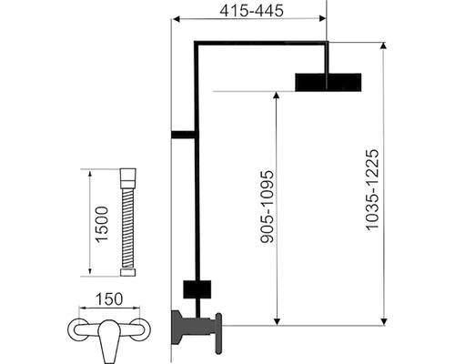 Rozměrový výkres sprchové armatury s hlavovou sprchou a sprchovou hadicí