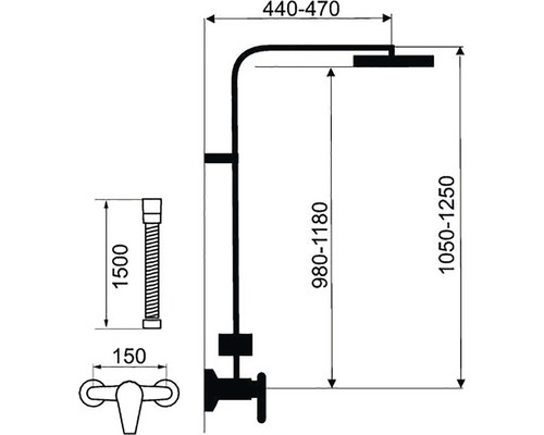 Technický nákres sprchové baterie s rozměry