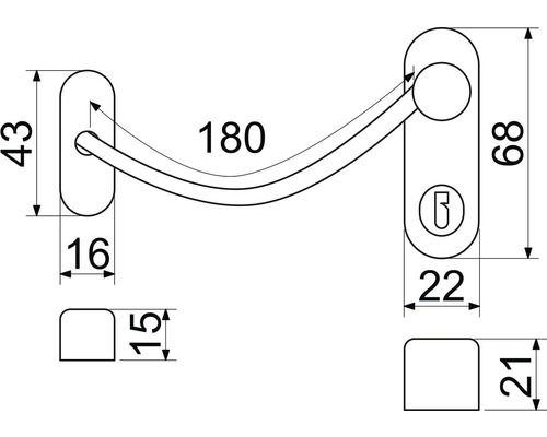 Technický nákres okenní kliky s rozměry