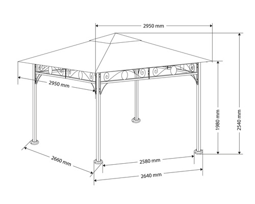 Technický nákres altánu s rozměry.