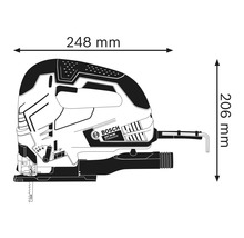 Nákres přímočaré pily s rozměry 248 mm a 206 mm.