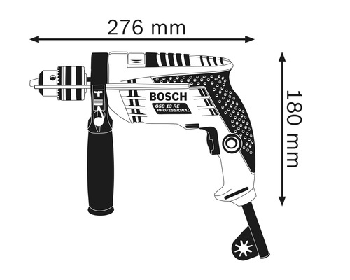 Technický nákres příklepové vrtačky Bosch GSB 13 RE Professional o rozměrech 276 mm šířky a 180 mm výšky.