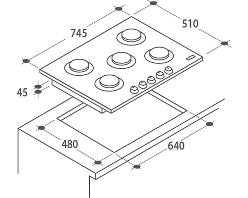 Technický nákres varné desky s rozměry
