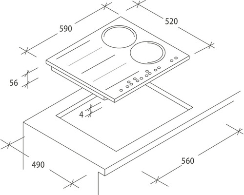 Rozměrový nákres varné desky o rozměrech 590 x 520 mm, hloubka instalace 56 mm a rozměry výřezu 560 x 490 mm.