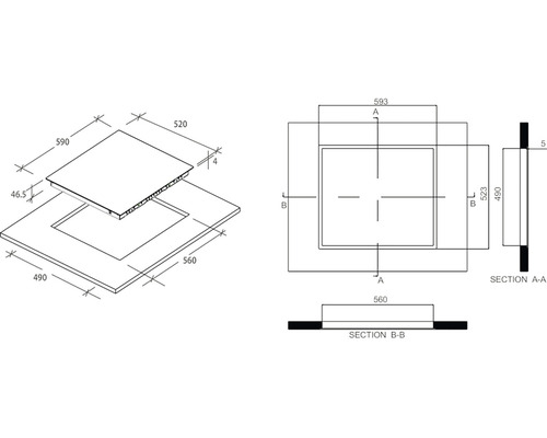 Technický výkres instalace varné desky s rozměry