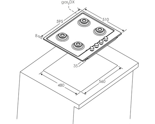 Technický nákres plynové varné desky se čtyřmi hořáky a rozměry pro instalaci