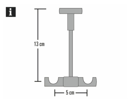 Technický nákres držáku o rozměrech 13 cm výška a 5 cm šířka.