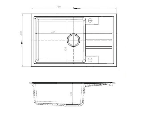 Nákres kuchyňského dřezu o rozměrech 780 x 480 x 200 milimetrů