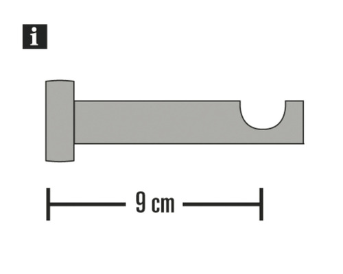 Držák záclonové tyče boční pohled s rozměrem devět centimetrů