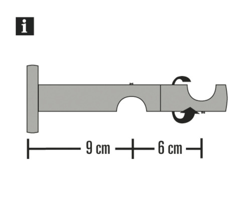 Ilustrace držáku záclonové tyče o rozměrech 9 centimetrů a 6 centimetrů.