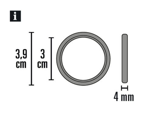 Technický nákres prstence o rozměrech 3,9 centimetru vnější průměr, 3 centimetry vnitřní průměr a 4 milimetry tloušťka