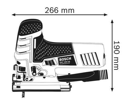 Obrázek přímočaré pily s rozměry 266 mm šířka a 190 mm výška