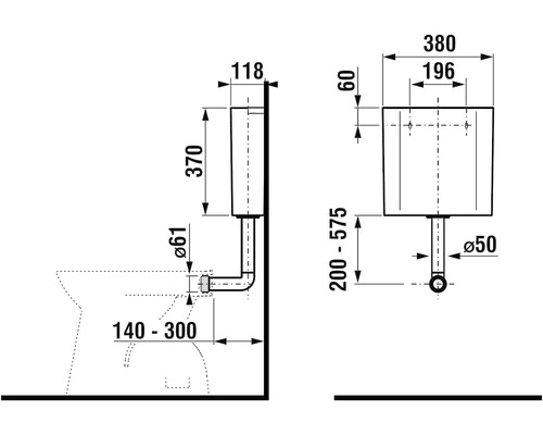 Technický nákres předstěnového modulu pro WC s rozměry