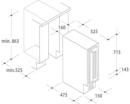 Rozměrový výkres chladničky na víno s příslušnými vestavnými rozměry
