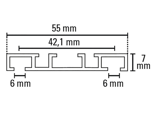 Technický nákres profilu o rozměrech 55 mm, 42,1 mm, 7 mm a 6 mm.
