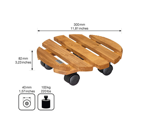 Dřevěný podstavec na kolečkách o rozměrech 300 mm na šířku a 82 mm na výšku