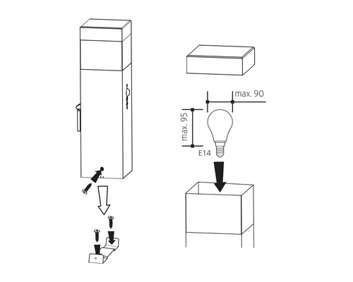 Návod k instalaci zahradního svítidla s maximálními rozměry 90 krát 95 milimetrů a objímkou E14.
