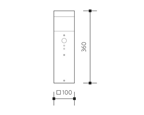 Technický výkres venkovní lampy o rozměrech 360 krát 100 milimetrů.