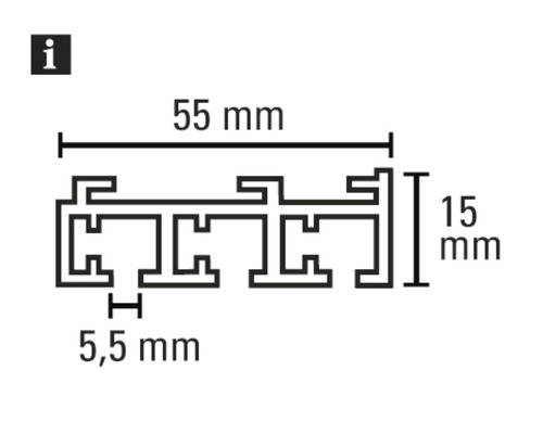 Technický nákres profilu s rozměry: šířka 55 mm, výška 15 mm a hloubka 5,5 mm.
