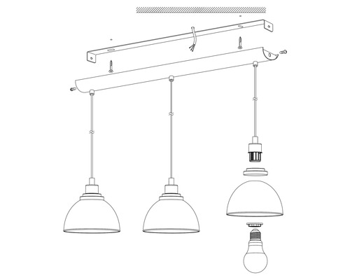 Nákres závěsné lampy se třemi světly a montážním návodem