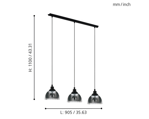 Závěsné svítidlo se třemi skleněnými stínidly a rozměry