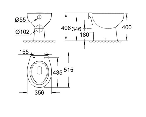 Technický nákres závěsného WC s rozměry.